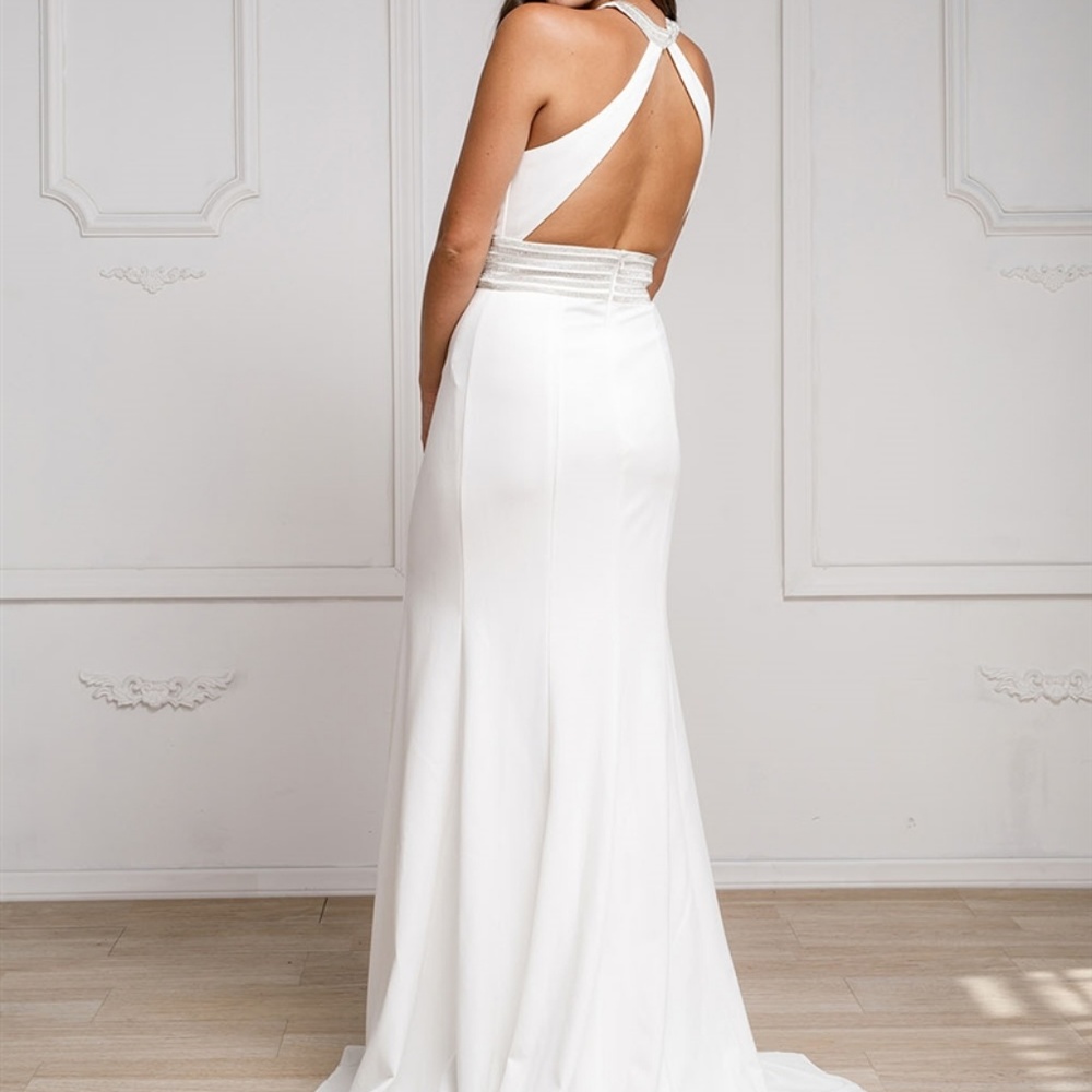 EVENING WEDDING PARTY OPEN BACK GOWN AC470 WHITE - Picture 2 of 5
